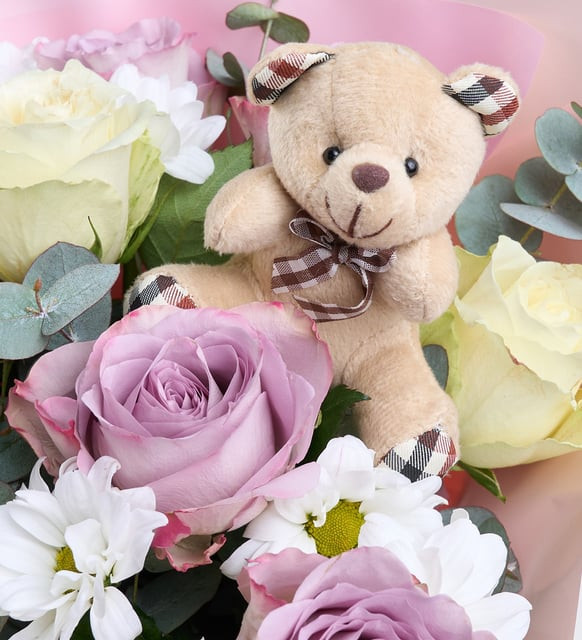 Lilac Roses and Teddy Bear Keychain in Bouquet